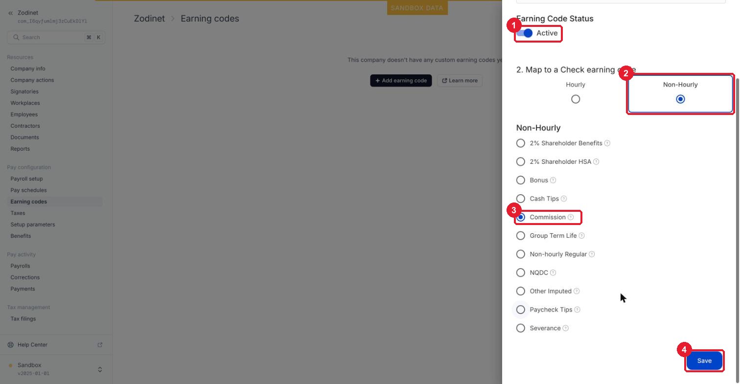 Form Custom Earning Code: map tới Non-Hourly → Commission — ① bật Active · ② chọn Non-Hourly · ③ chọn Commission · ④ Save
