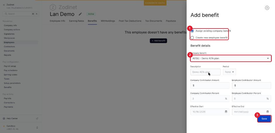 Assign existing company benefit — ① Assign existing company benefit · ② chọn 401(k) · ③ Save