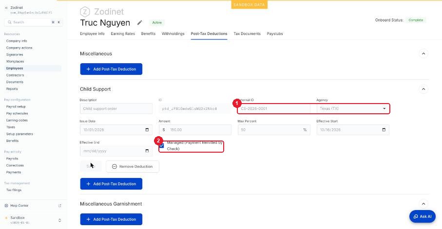 Đã lưu với ID ptd_… — ① External ID và Agency · ② Managed (Check nộp hộ)