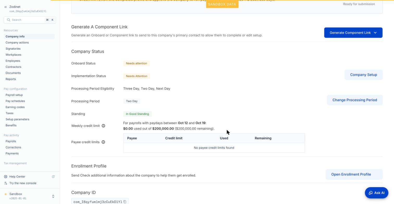 Company Status: onboard, implementation, processing period, standing, credit limit