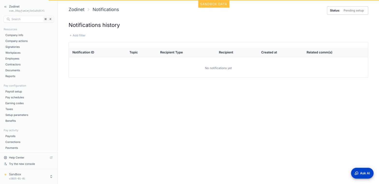 Notifications history của công ty