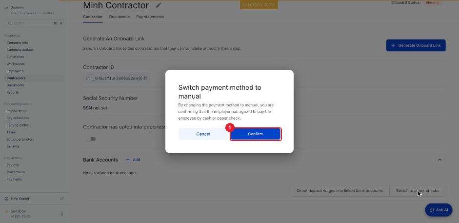 Switch to paper checks — ① Confirm chuyển sang trả thủ công