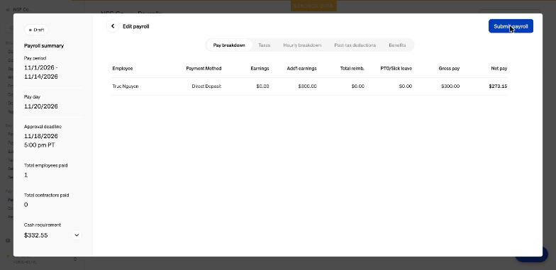 Payroll test NSF: hạn duyệt 18/11, payday 20/11