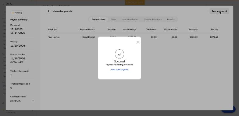 Payroll test được duyệt (Pending), chờ debit