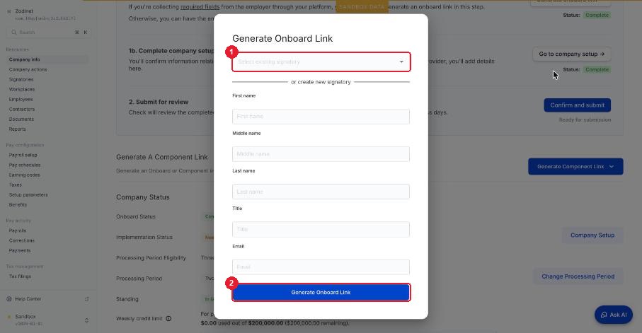 Tạo onboard link: chọn signatory có sẵn hoặc tạo mới — ① chọn signatory · ② Generate Onboard Link