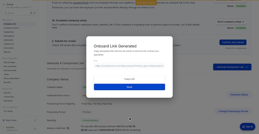Link được tạo; Check không tự gửi email
