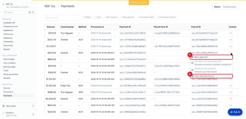 Menu Payment actions — ① Retry payment · ② View attempts history