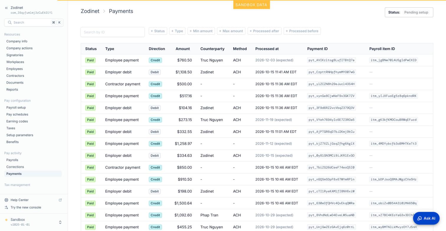 Danh sách payment: employer debit và employee/contractor credit