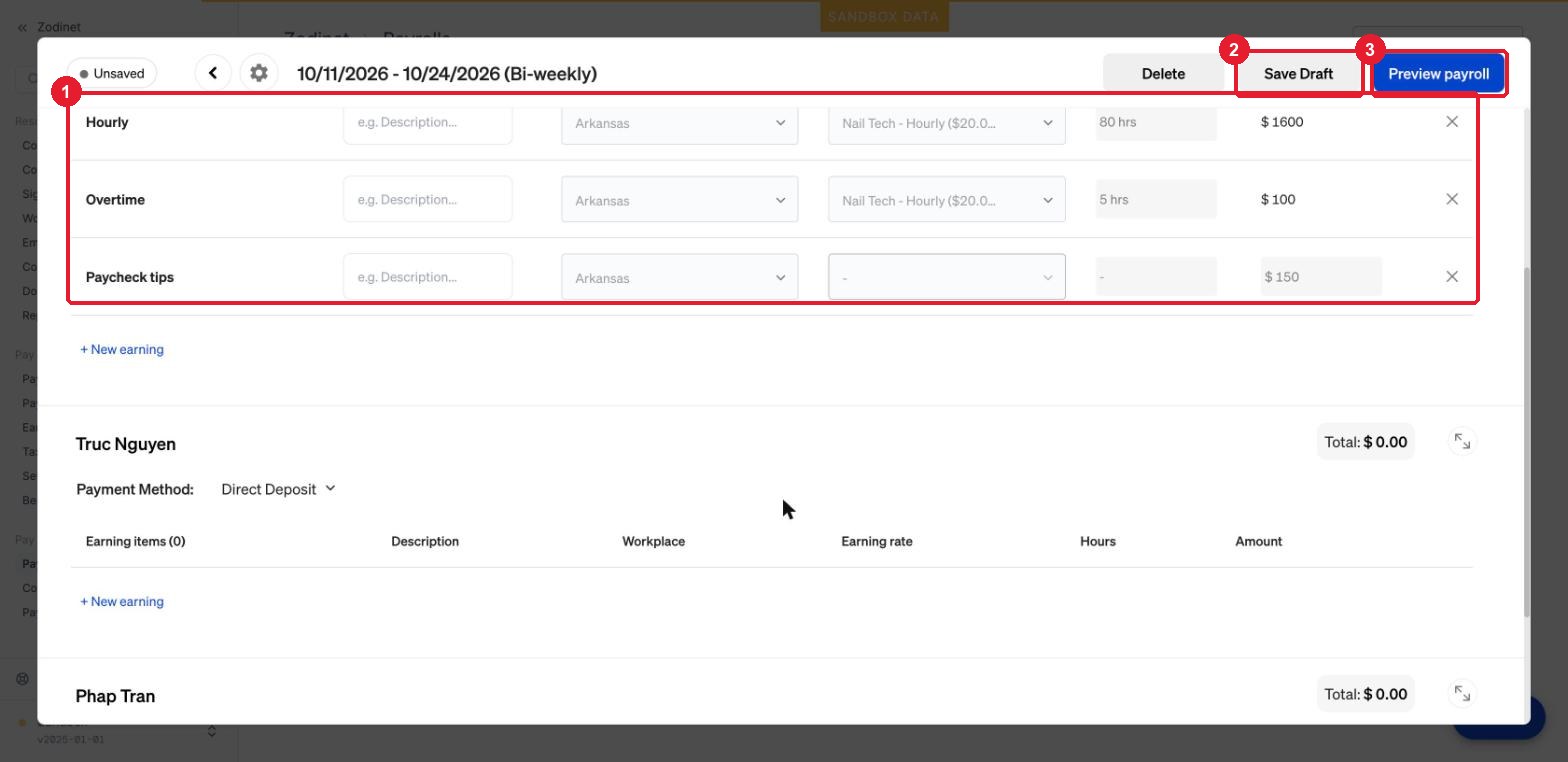 Trình soạn payroll — ① nhập các dòng earning · ② Save Draft · ③ Preview payroll