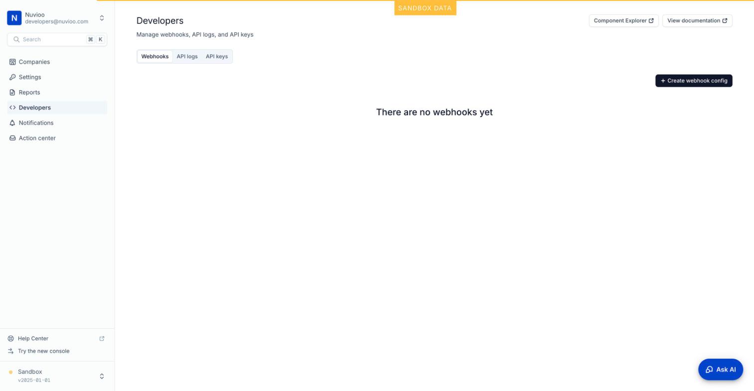 Developers: Webhooks, API logs, API keys, Component Explorer