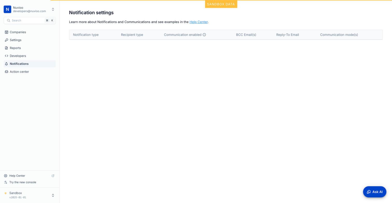 Notification settings (sandbox không có dòng nào)