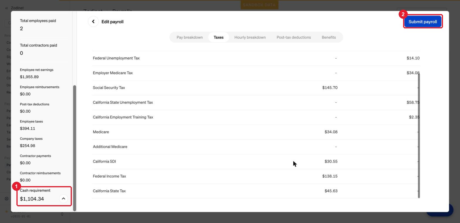 Preview: tab Taxes — ① cash requirement · ② Submit payroll để duyệt