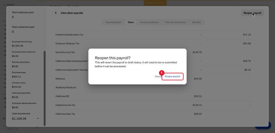 Xác nhận Reopen — ① xác nhận Reopen payroll