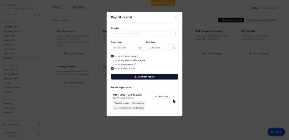 Kết quả: report run có nút Download