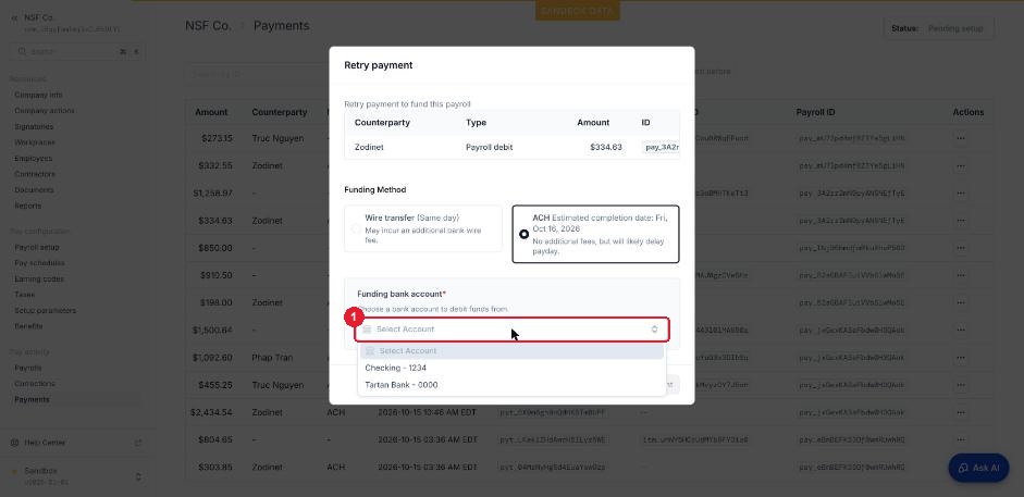 ACH: chọn tài khoản trích tiền — ① chọn tài khoản trích tiền, rồi bấm Retry Payment