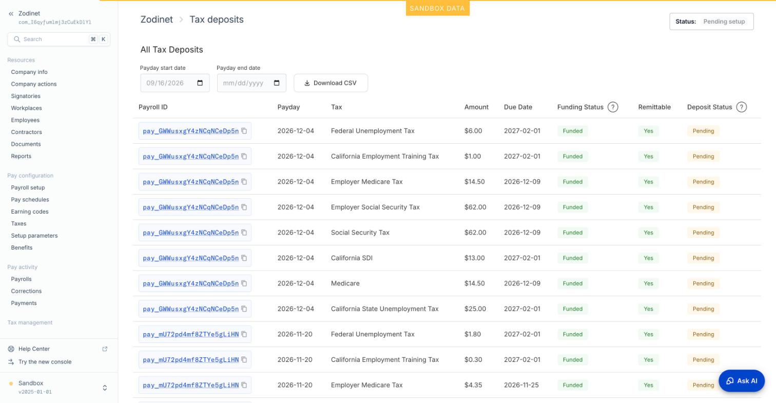 Tax deposits: hạn nộp, Funded, Remittable, Pending