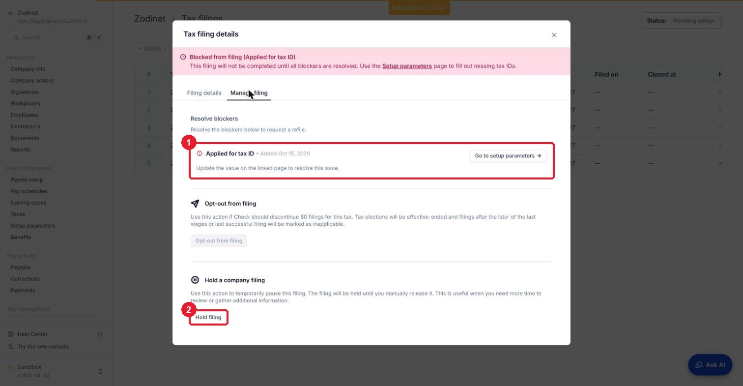 Tab Manage filing — ① blocker cần xử lý · ② Hold filing