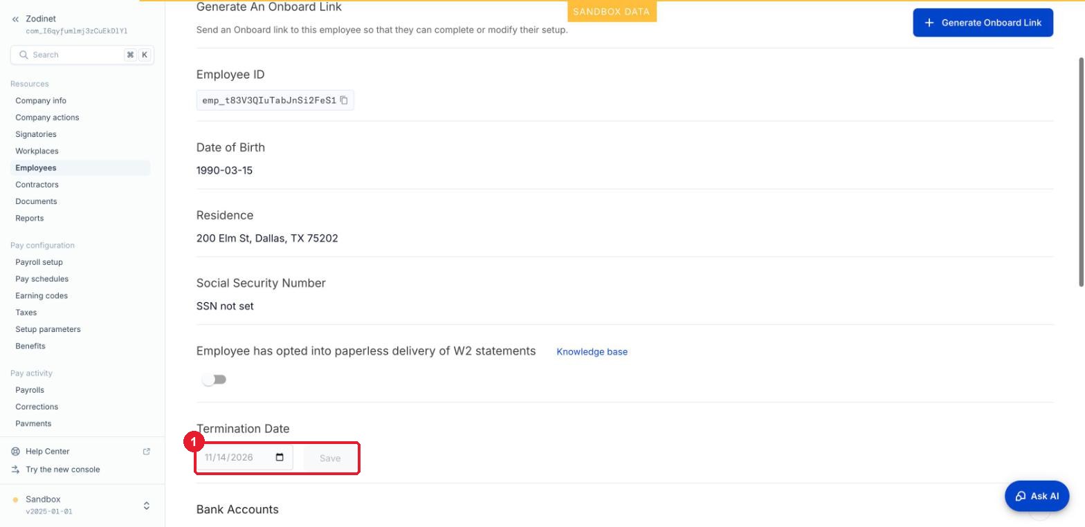 Đặt Termination Date — ① Termination Date + Save