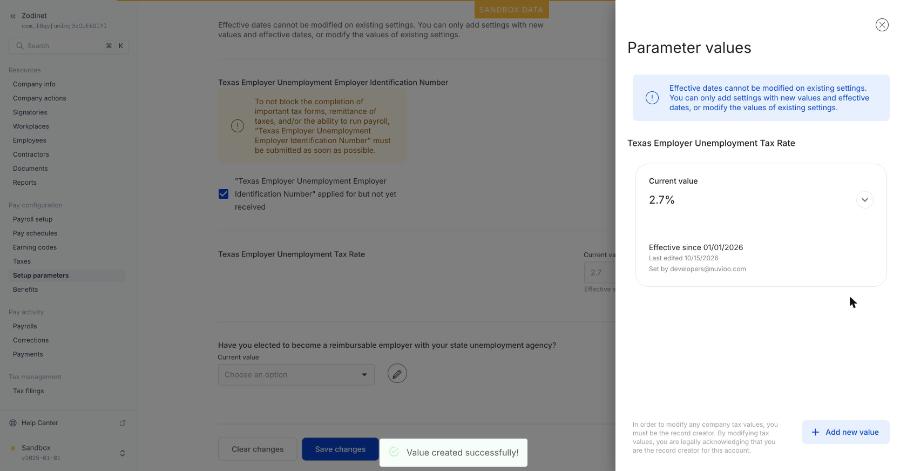 Panel Parameter values: giá trị, ngày hiệu lực, người sửa