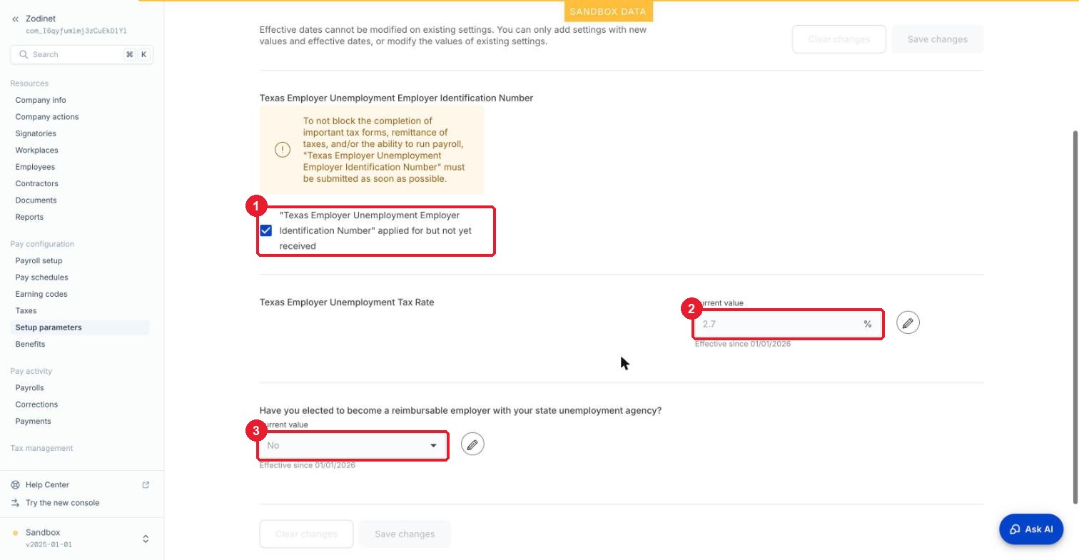 Tham số Texas: Applied For, rate 2.7%, reimbursable = No — ① Applied for · ② tỷ lệ 2.7% · ③ Reimbursable = No